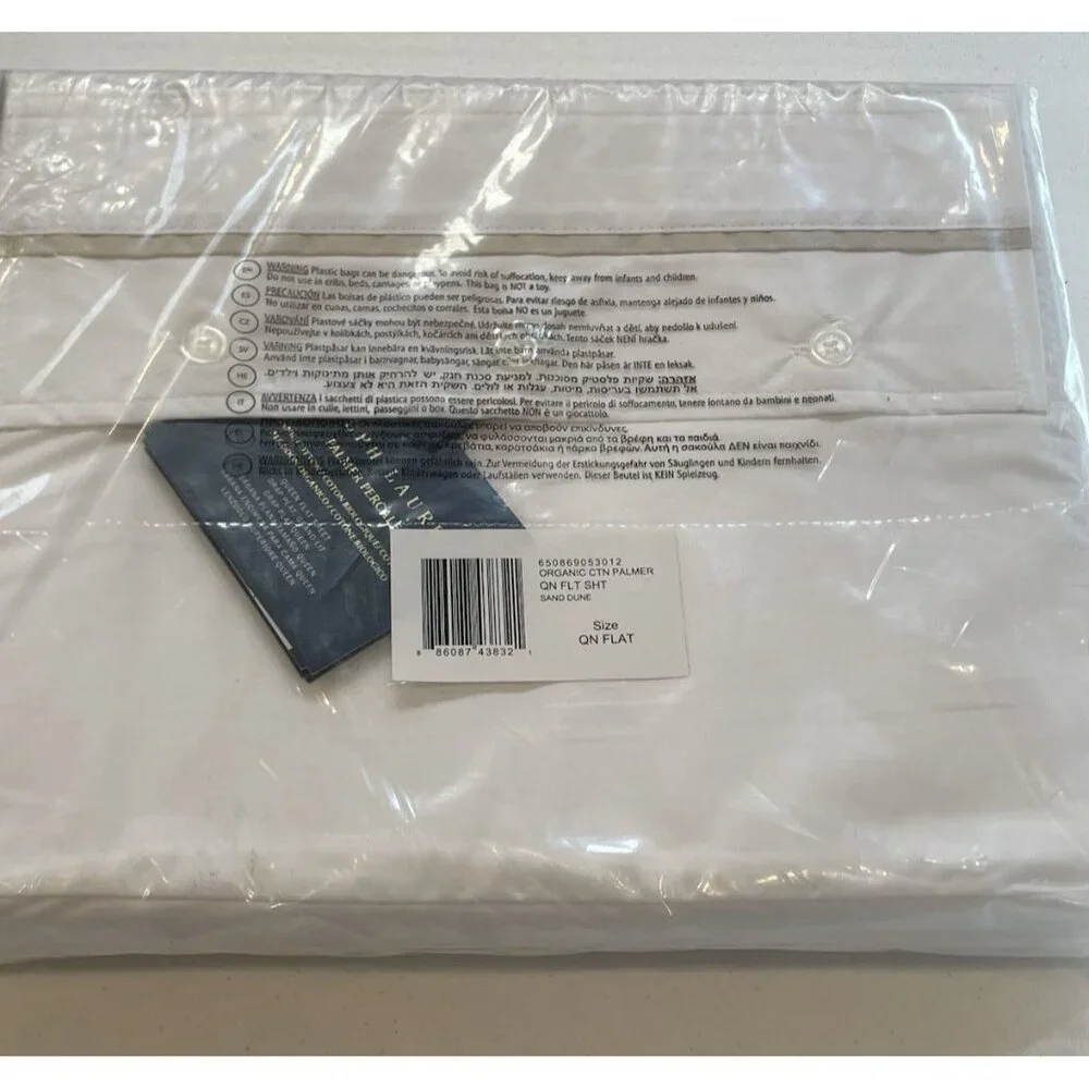 NEW Ralph Lauren Queen Flat Sheet Palmer Percale White Sand Dune Organic Cotton